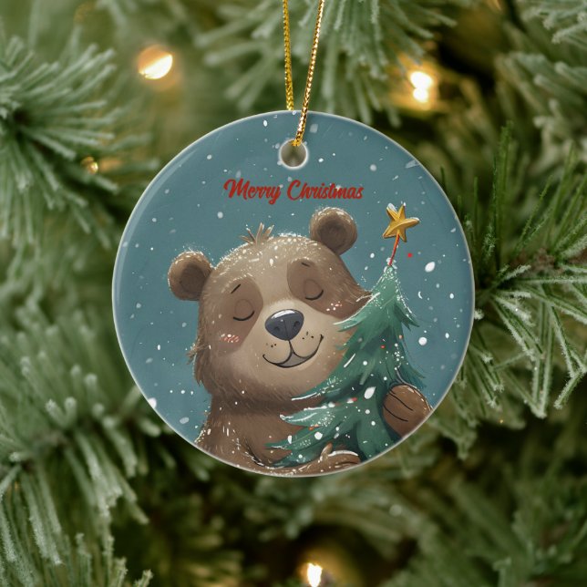 Cheerful Cute Bear Hugging Christmas Tree Ceramic Ornament (Tree)