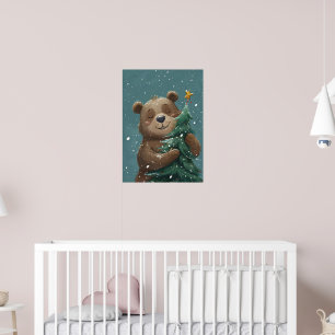 Cheerful Cute Bear Hugging Christmas Tree  Poster