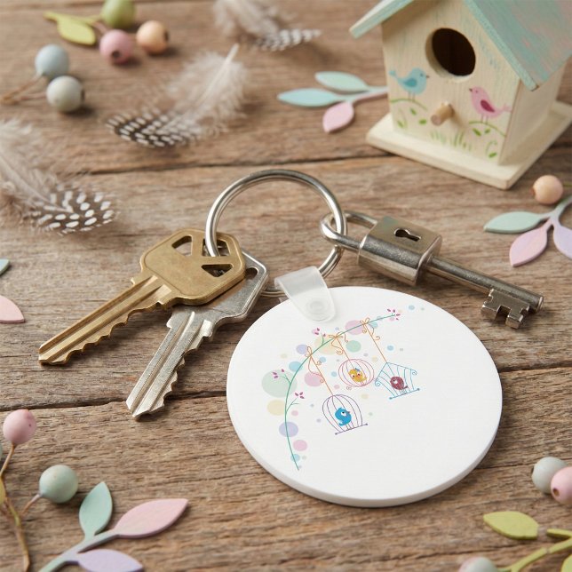 Cheerful Cute Birds In Cages Keychain (Creator Uploaded)