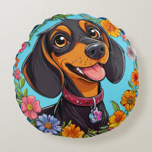 Cheerful Dachshund Surrounded by Colourful Flowers Round Pillow