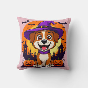 Cheerful Dog Dressed as Witch Amid Halloween Throw Pillow