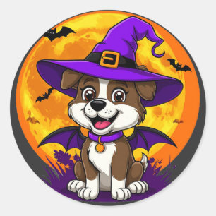 Cheerful Dog Dressed as Witch Hat Classic Round Sticker