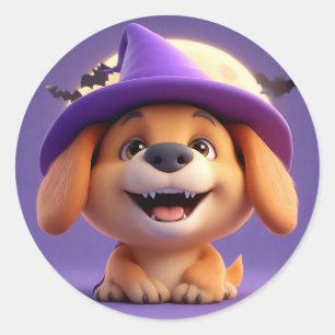 Cheerful Dog Dressed as Witch Hat Classic Round Sticker