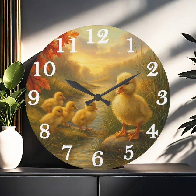 Cheerful duck family in autumn stream large clock (Creator Uploaded)
