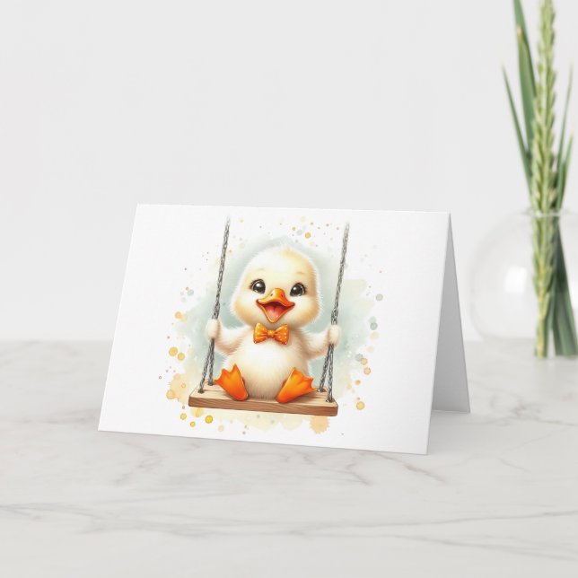 Cheerful Duckling on a Swing Watercolor Blank  Card (Front)