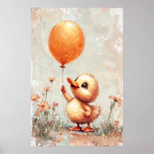 Cheerful Duckling with Orange Balloon Digital Pain Poster (Front)