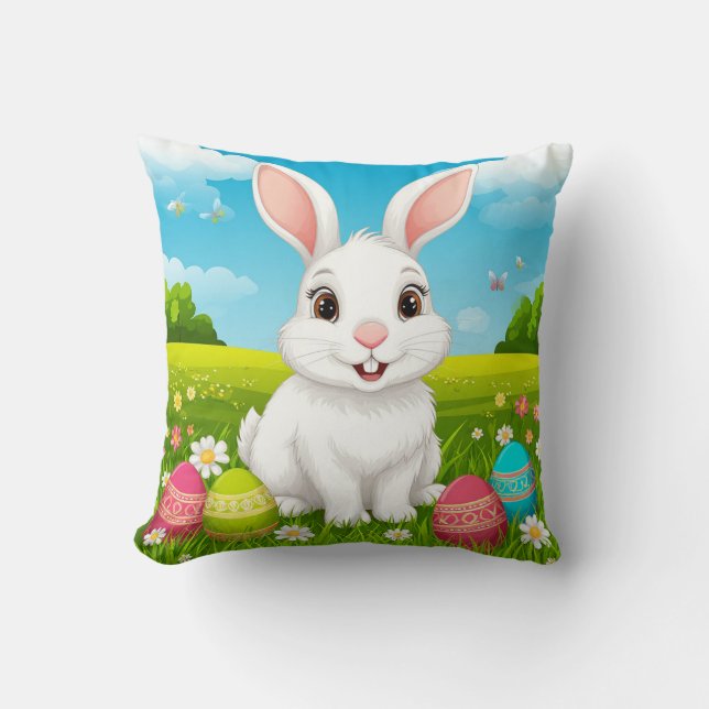 Cheerful Easter Bunny in Meadow with Colourful Egg Throw Pillow (Front)