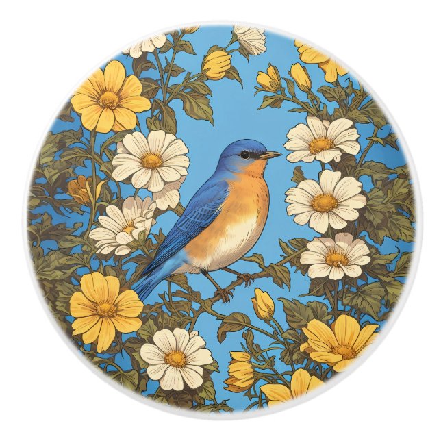 Cheerful Eastern Bluebird Yellow and White Flowers Ceramic Knob (Front)