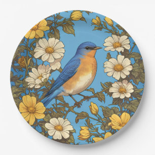 Cheerful Eastern Bluebird Yellow and White Flowers Paper Plate