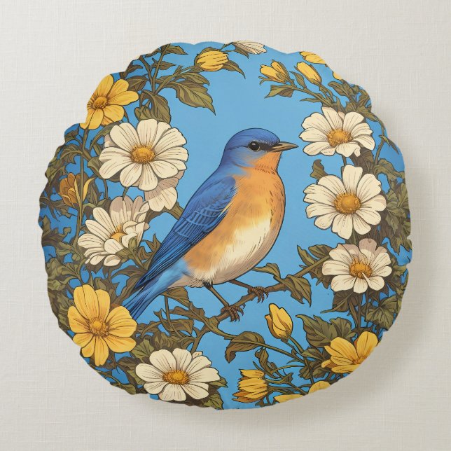 Cheerful Eastern Bluebird Yellow and White Flowers Round Pillow (Front)