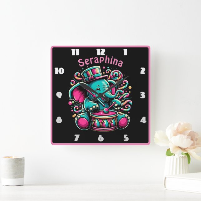 Cheerful elephant drumming at circus square wall clock (Home)