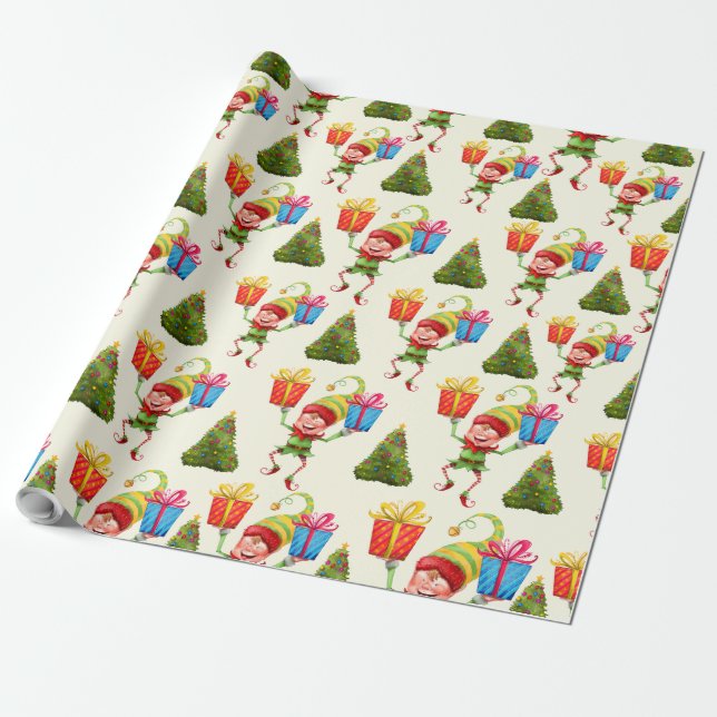 Cheerful Elf Carrying gift around a Christmas tree Wrapping Paper (Unrolled)
