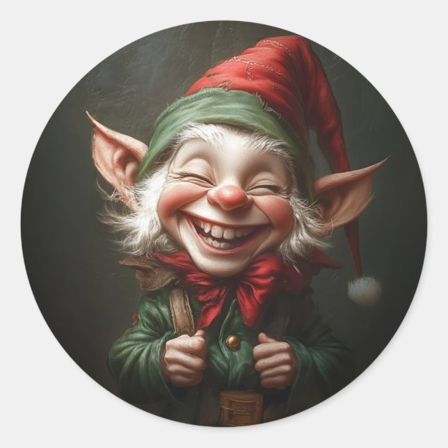Cheerful Elf with a Big Laugh Classic Round Sticker (Front)