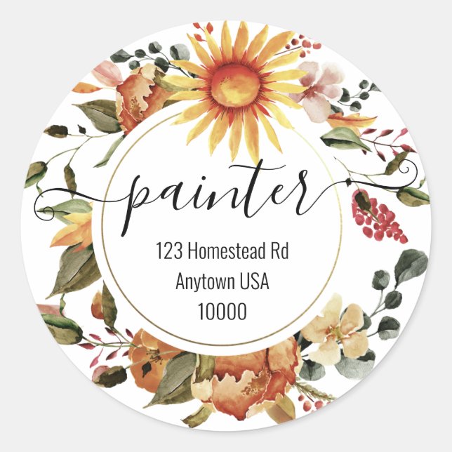 Cheerful Fall Sunflower Wedding Address Classic Round Sticker (Front)