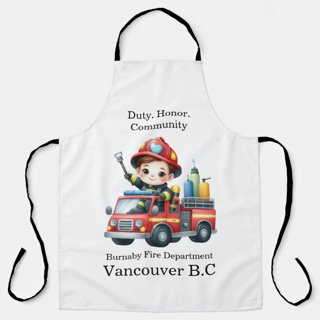 Cheerful firefighter driving a colourful fire truc apron (Front)