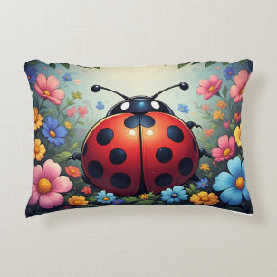 Cheerful Floral Ladybug– Cute Spring Wildflower Accent Pillow