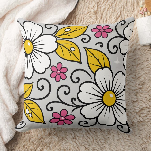 Cheerful Floral Pattern with Bold Outlines Throw Pillow (Blanket)
