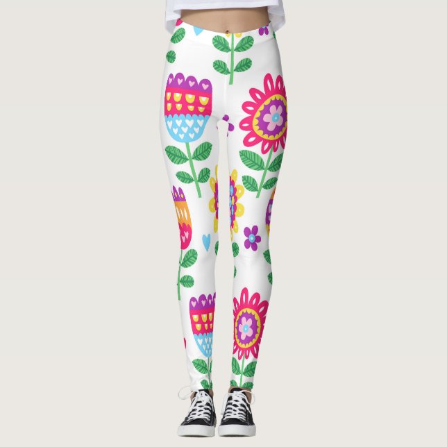 Cheerful Flowers Vintage Colourful Pattern Leggings (Front)
