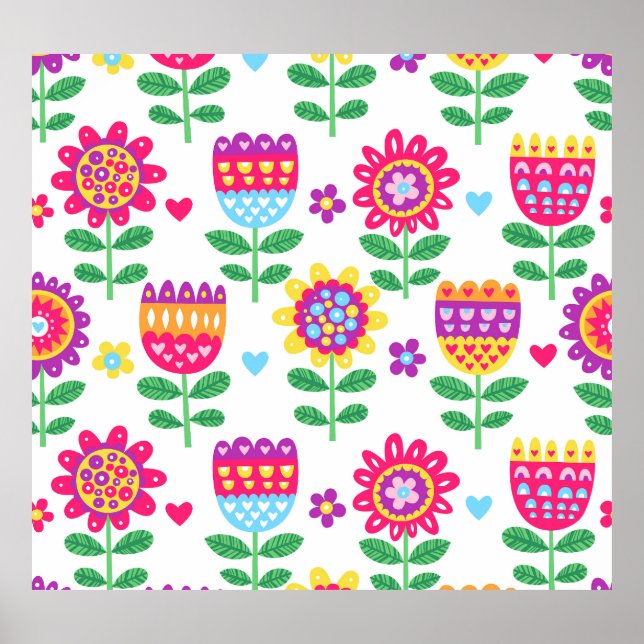 Cheerful Flowers Vintage Colourful Pattern Poster (Front)