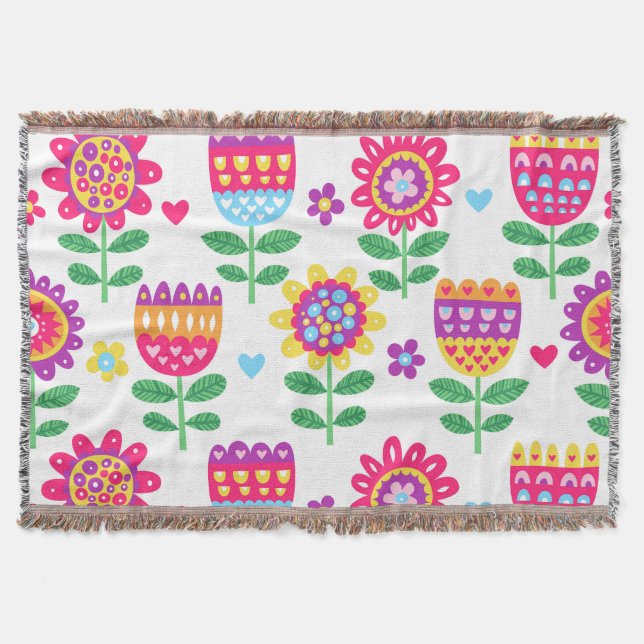 Cheerful Flowers Vintage Colourful Pattern Throw Blanket (Front)