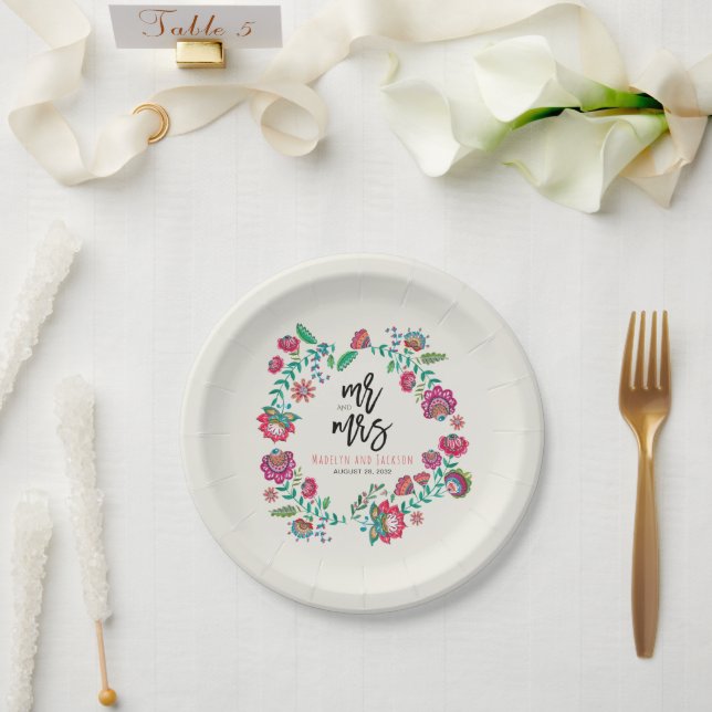 cheerful folk flowers multicolor wedding paper plate (Wedding)