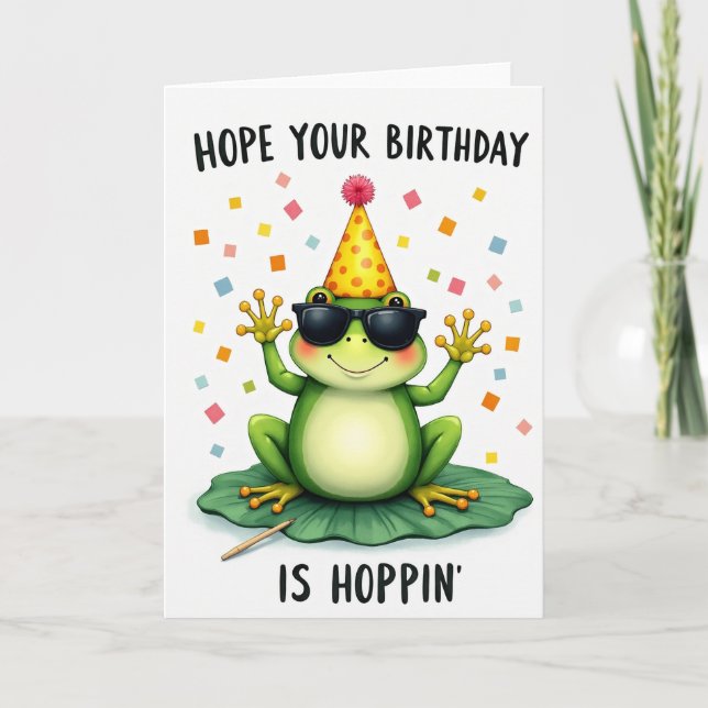 Cheerful Frog Party Hat Card (Front)