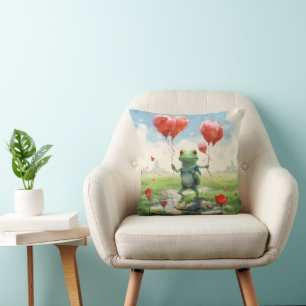 Cheerful frog red balloons throw pillow