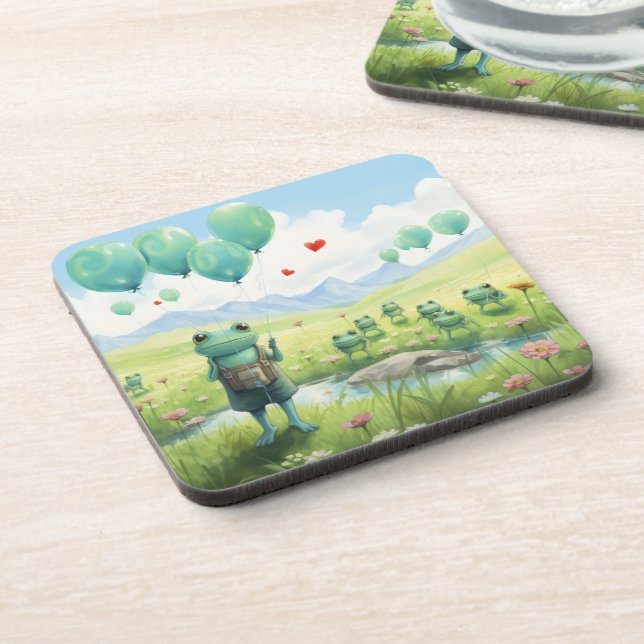 Cheerful frogs blue balloons coaster (Left Side)