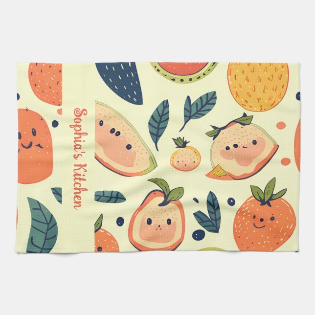 Cheerful Fruit Characters in Watercolor Kitchen Towel (Horizontal)