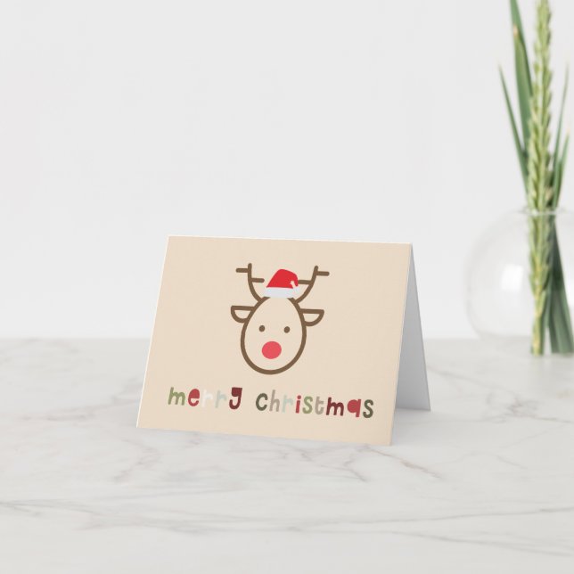 Cheerful, fun, minimalist reindeer in santa hat card (Front)