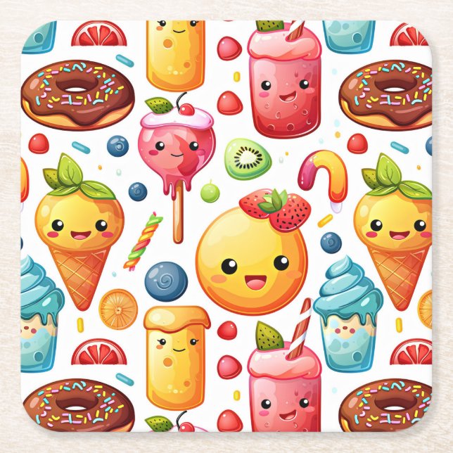  Cheerful funny cute sweets  Square Paper Coaster (Front)