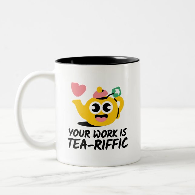 Cheerful Funny Jokes Your Work Is TeaRiffic Bunny Two-Tone Coffee Mug (Left)