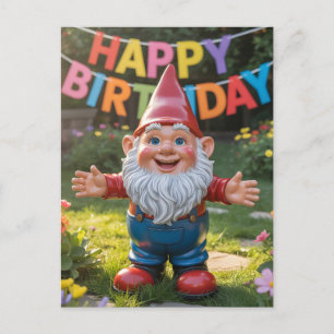 Cheerful Garden Gnome with "Happy Birthday" Banner Holiday Postcard