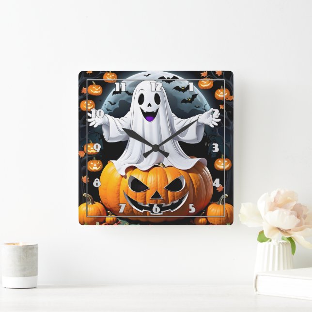 Cheerful ghost among pumpkins on Halloween night Square Wall Clock (Home)