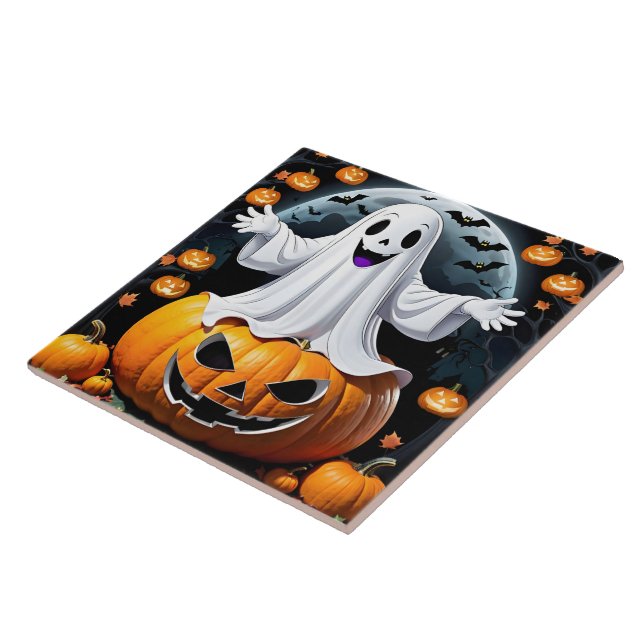 Cheerful ghost among pumpkins on Halloween night Tile (Side)