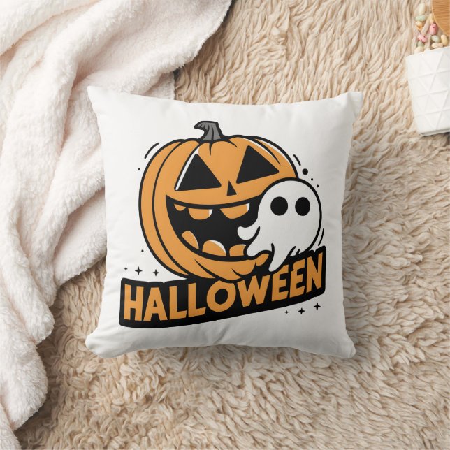 Cheerful ghost by a playful pumpkin throw pillow (Blanket)