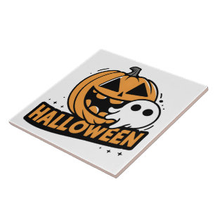 Cheerful ghost by a playful pumpkin tile