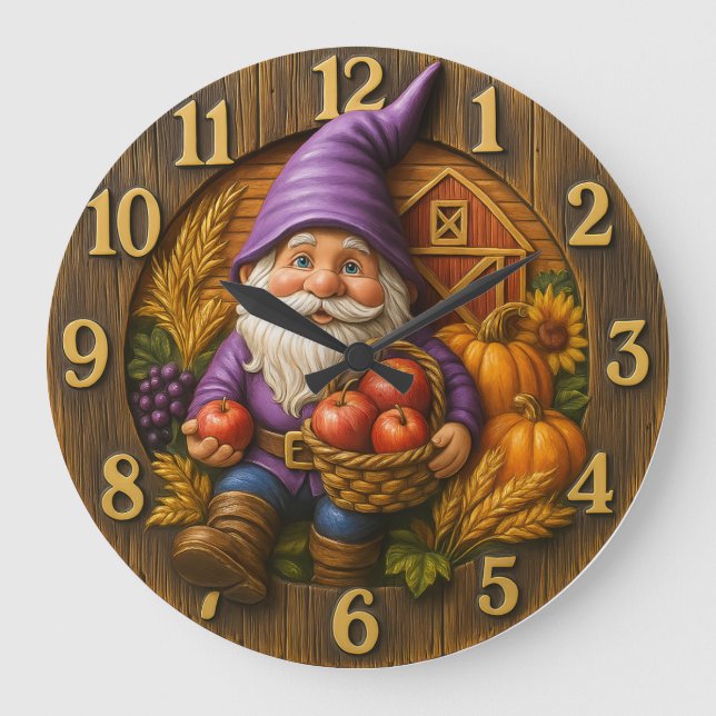 Cheerful gnome with apple basket harvest large clock (Front)