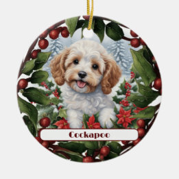 Cheerful Golden Cockapoo Puppy Custom Christmas Ceramic Ornament