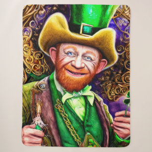 Cheerful Green Leprechaun with Shamrock Pipes Sherpa Blanket