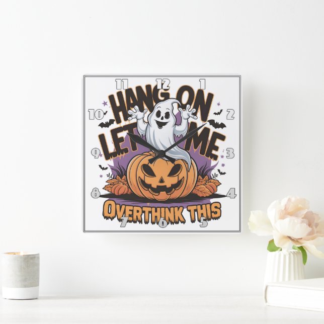 Cheerful Halloween ghost atop a carved pumpkin Square Wall Clock (Home)