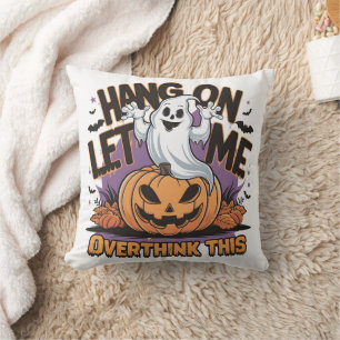 Cheerful Halloween ghost atop a carved pumpkin Throw Pillow