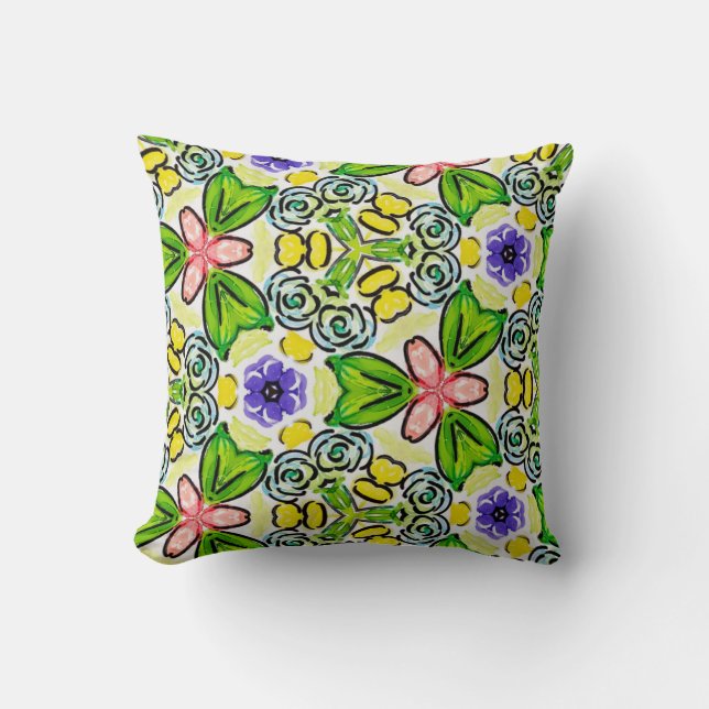 Cheerful handpainted patterns reversible throw pillow (Front)