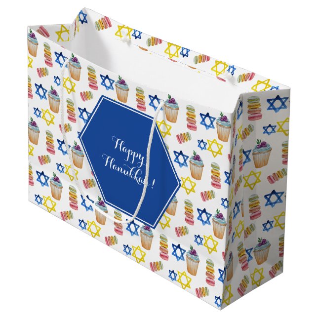 Cheerful Hanukkah Watercolor Personalized Large Gift Bag (Front Angled)