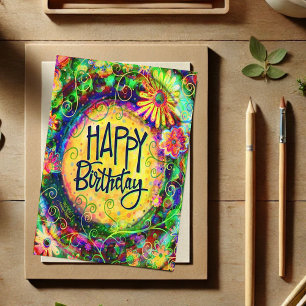 Cheerful Happy Birthday Fun Floral Yellow Card