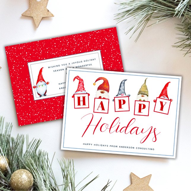 Cheerful Happy Holidays Gnomes Red Business Holiday Card (Creator Uploaded)