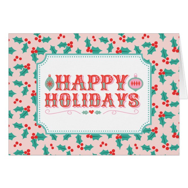 Cheerful Happy Holidays | Retro Pink and Red Holly (Front Horizontal)