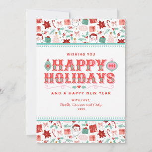 Cheerful Happy Holidays   Retro Pink and Red Holly Holiday Card