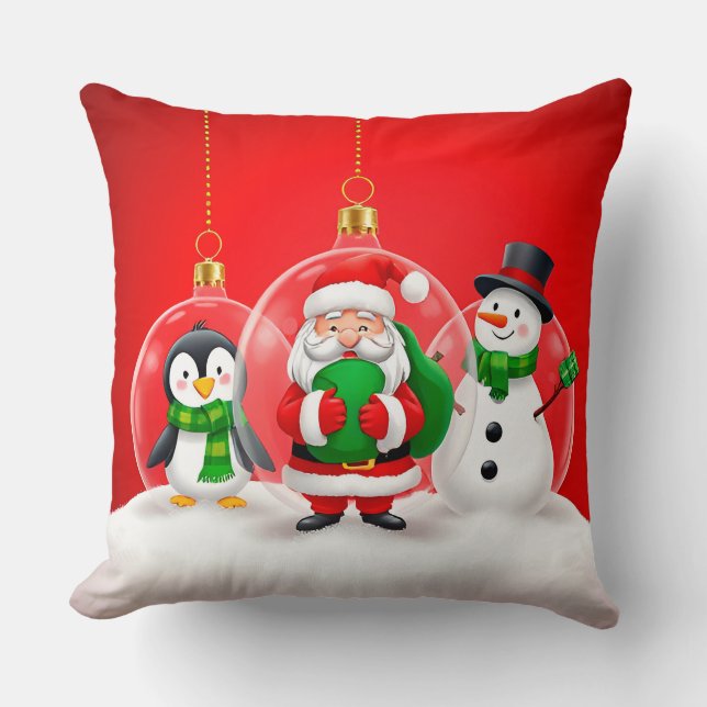 Cheerful Holiday Characters Santa, Penguin  Throw Pillow (Front)