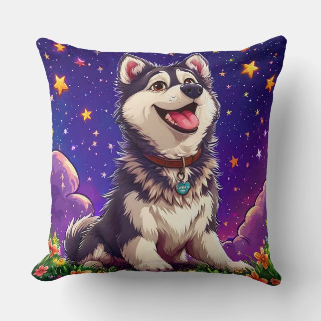Cheerful Husky Against Starry Sky Throw Pillow (Front)